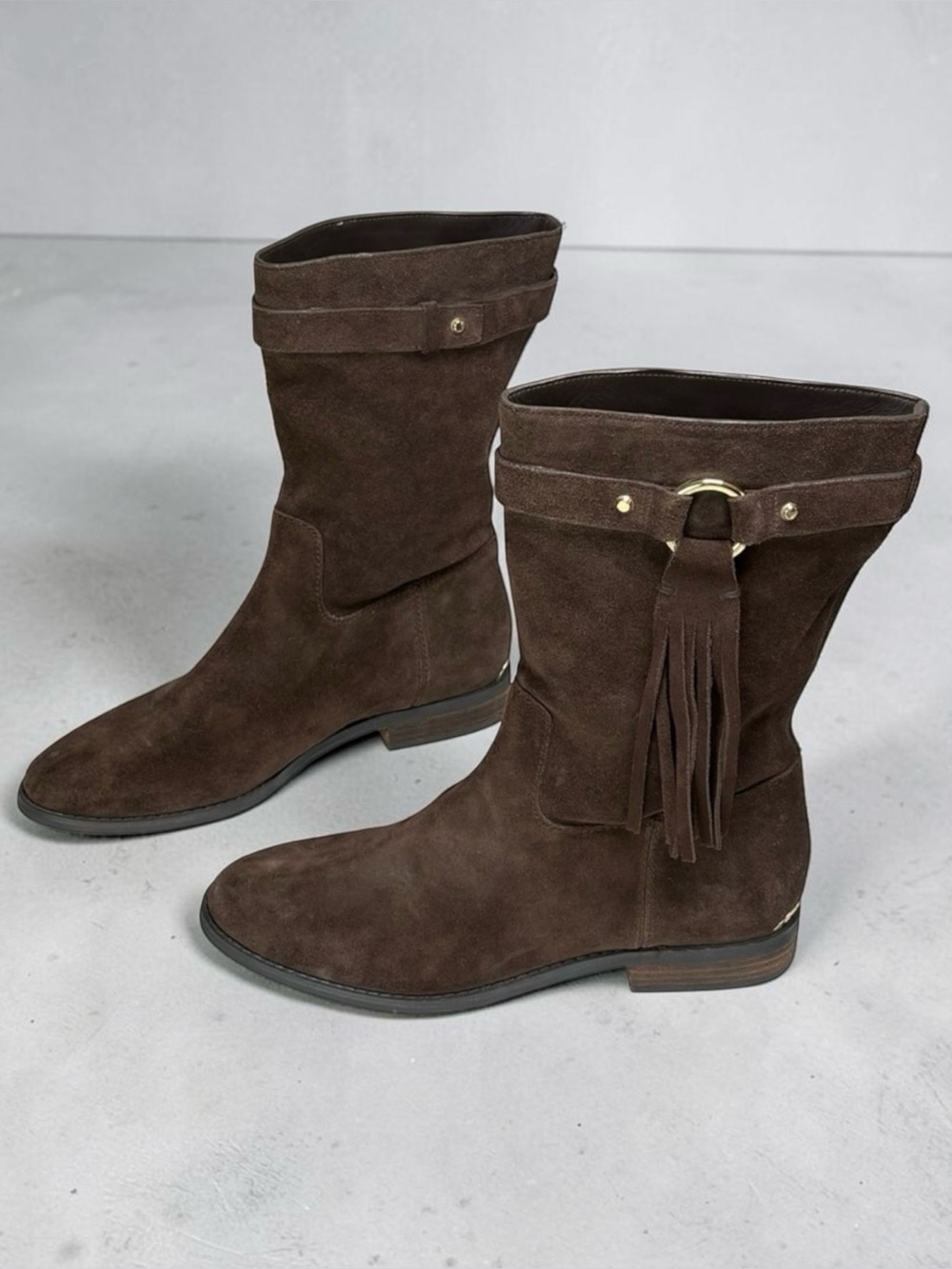 NWOB Michael Kors Rhea Brown Suede Fringe Mid-Calf Bootie Boots 7.5M